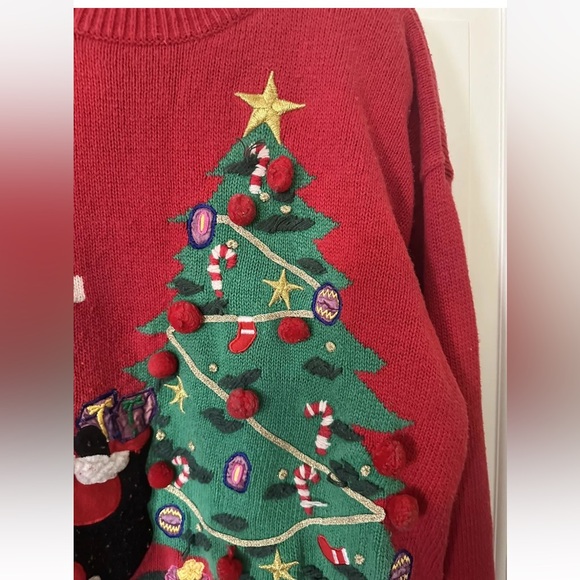 Vintage 80s 90s 3D Teddy Bear Santa Sweater Jumper Ugly Christmas Tree L - Picture 4 of 6